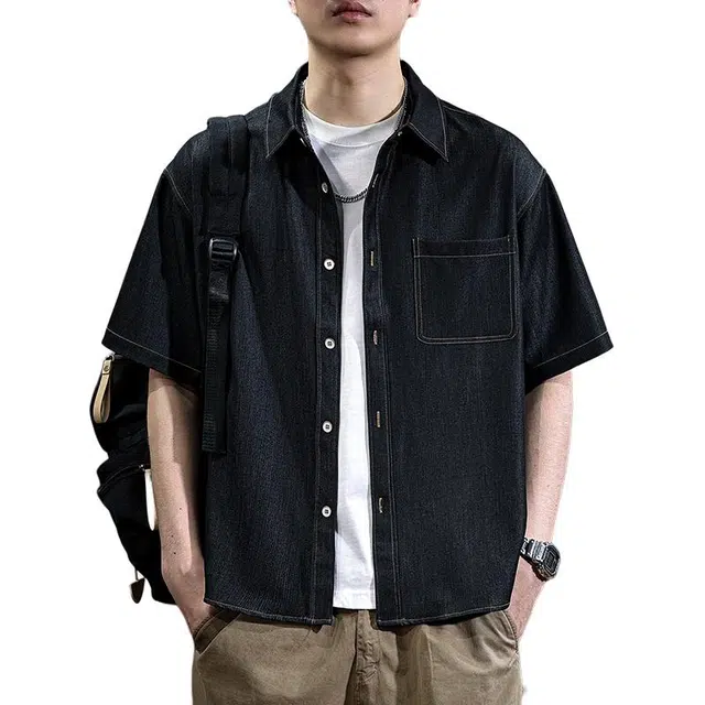 遨宇 夏季 美式休闲复古多口袋缉明线重磅牛仔工装短袖衬男五分袖衬衣休闲外套衬衫 宽松型 男女同款