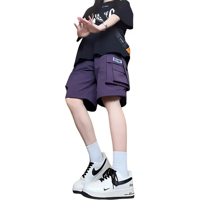 单爵 美式夏季冰丝裤子高腰大口袋机能工装短裤 男女同款