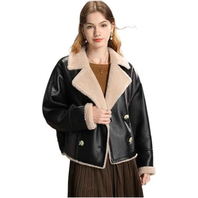 粉红玛琍 西装领宽松厚款皮衣 女款 燕麦/黑