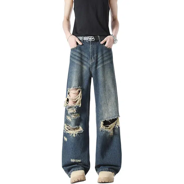 沃马 破洞水洗复古宽松美式高街做旧废土风时尚百搭阔腿牛仔裤 男女同款 蓝色