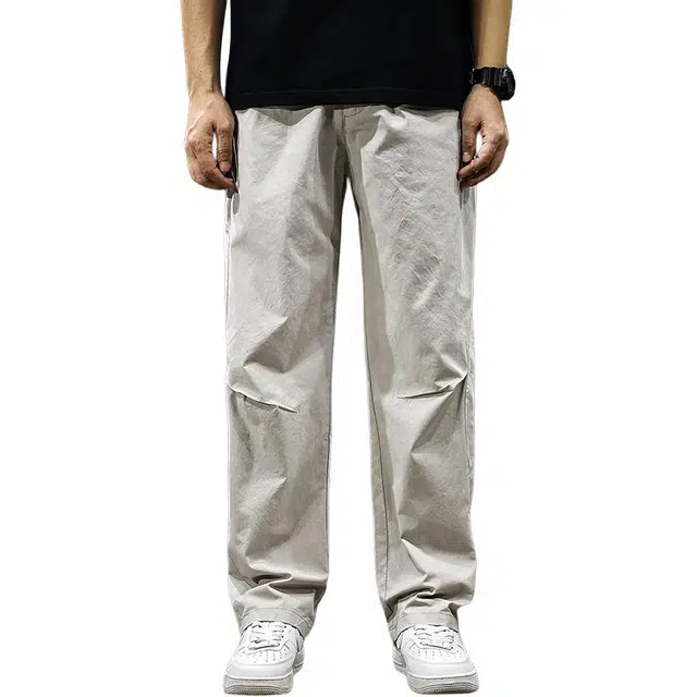 前进牛 纯棉男士宽松直筒美式潮牌褶皱系绳阔腿裤伞兵工装长裤休闲裤 男女同款