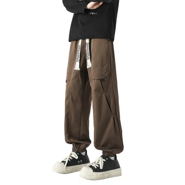 敦煌博物馆 美式复古机能风宽松时尚舒适纯色大码垂感抽绳系带百搭束脚休闲裤 男女同款