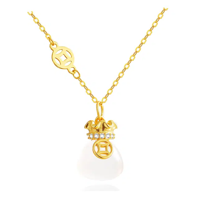 幸囍礼 新中式招财转运铜钱福袋 复古国潮风轻奢精致代代有福吊坠 小众高级感设计 玉髓 项链 女款