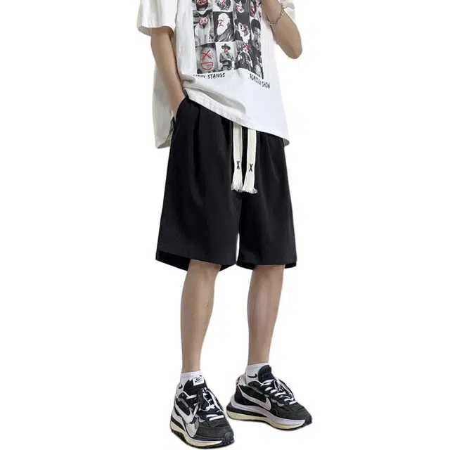 顶峰保罗 冰丝薄款透气抽绳直筒阔腿五分裤纯色百搭情侣潮牌凉感速干宽松运动系带休闲短裤 男女同款