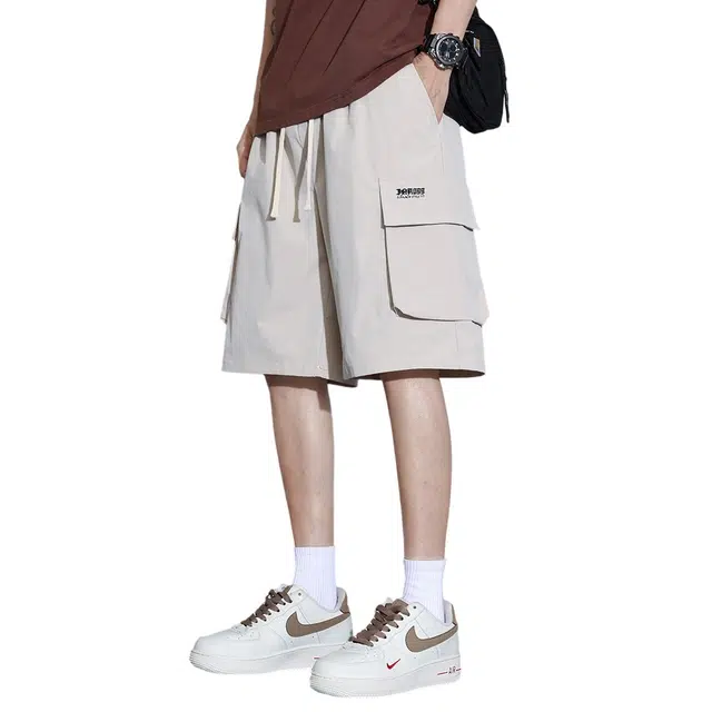 顶峰保罗 美式工装潮牌薄款凉感五分裤无性别主义柔软透气舒适松紧腰设计直筒运动裤宽松大码百搭纯色休闲短裤 男女同款