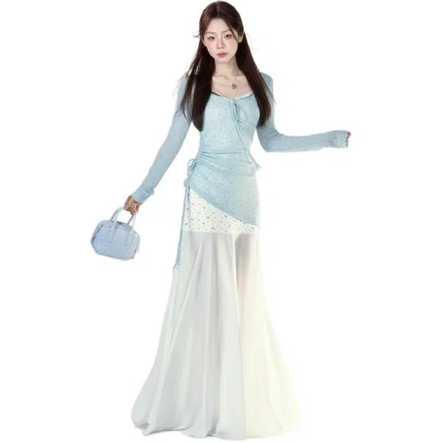 哒头下雨不愁 气质甜美设计罩衫蕾丝碎花拼接网纱仙气吊带连衣长裙裙装套装 女款