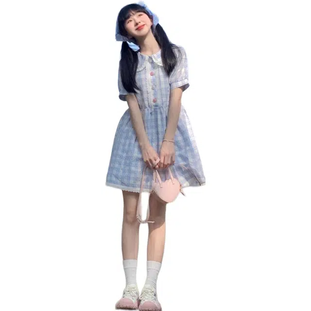 哒头下雨不愁 格纹减龄娃娃领花边夏季小个子学生显瘦泡泡袖短裙短袖连衣裙 女款