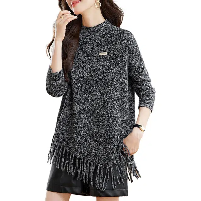 曲韩 纯色半高领设计感不规则流苏打底长袖毛衣 女款 迷雾黑