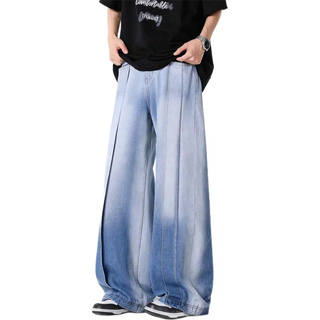 宝米卡 水洗薄款宽松阔腿牛仔裤 男女同款