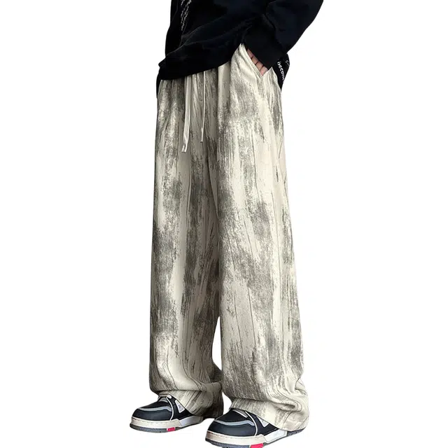 哲源 夏季薄款 美式复古高街扎染脏脏风冰丝裤子男款慵懒风日常通勤凉感透气速干直筒裤潮牌宽松垂感舒适运动休闲裤 男女同款