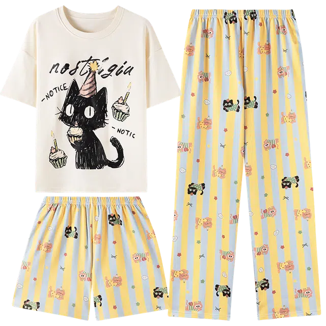 夏芬妍 亲肤舒适条纹蛋糕小猫纯棉圆领带胸垫家居服柔软休闲短袖三件套时尚可外穿 睡衣套装 女款