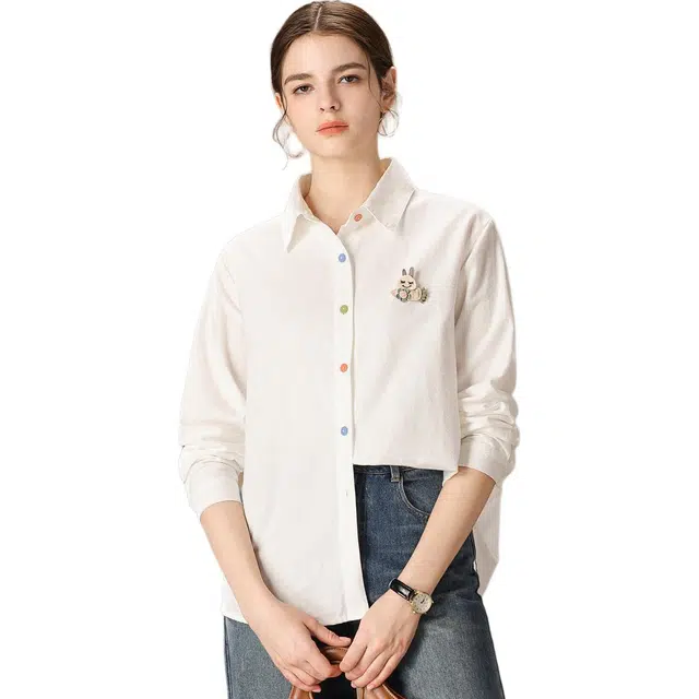 粉红玛琍 纯色时尚简约舒适翻领宽松长袖衬衫 女款 白色