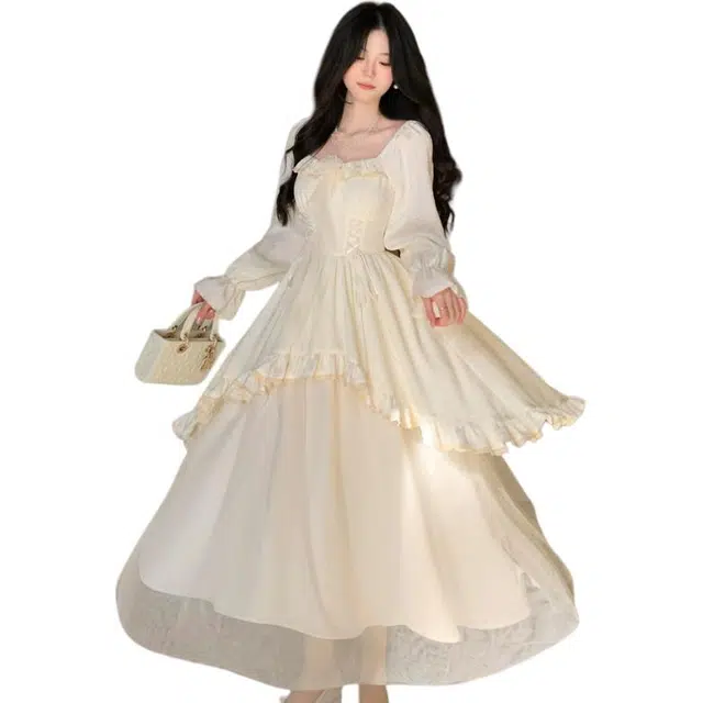 桴生 气质仙女风系带提花网纱拼接不规则大摆宽松纯色长袖连衣裙 女款