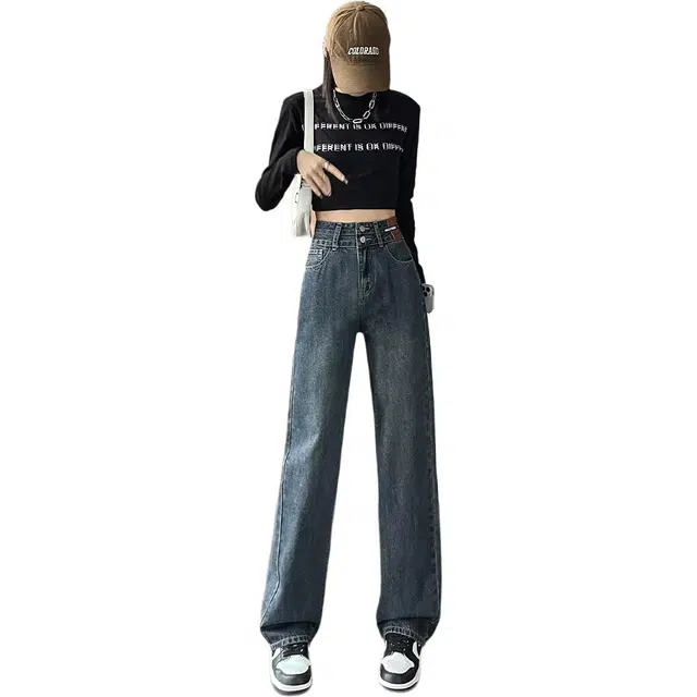 法文箱子 时尚休闲简约舒适高腰百搭直筒牛仔裤 女款