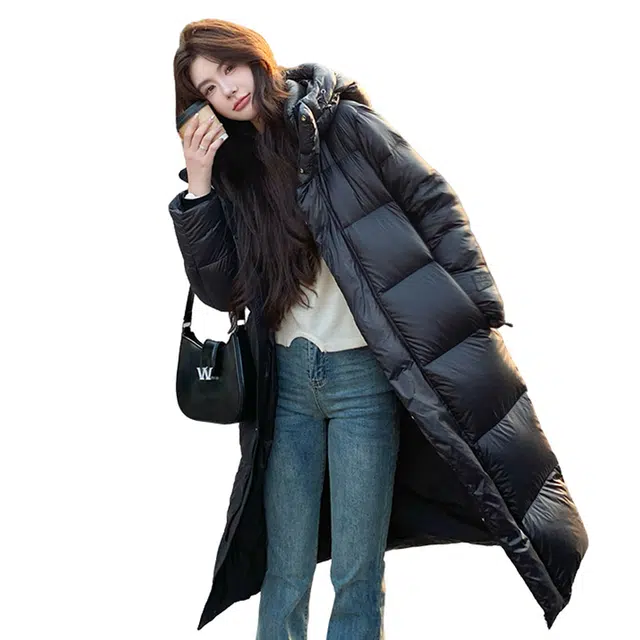 鸭鸭 连帽过膝保暖长款羽绒服 男女同款