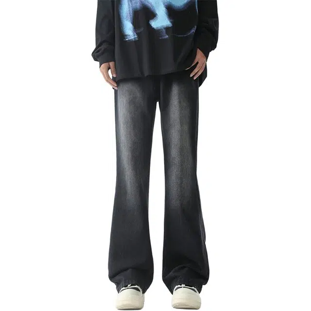 八哥 潮牌高街复古黑牛微喇裤废土风水洗做旧基础款日常通勤简约垂感高级感牛仔裤 男女同款