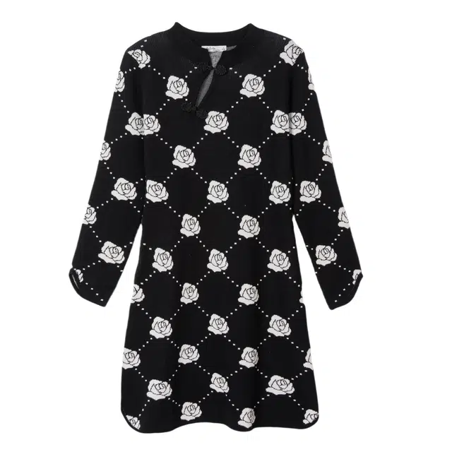 法文箱子 国风毛织修身时尚印花打底长袖连衣裙 女款