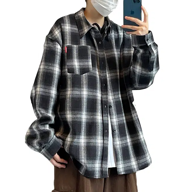 悍戈 美式复古多彩格纹嘻哈满印口袋翻领休闲宽松重磅长袖衬衫 男女同款