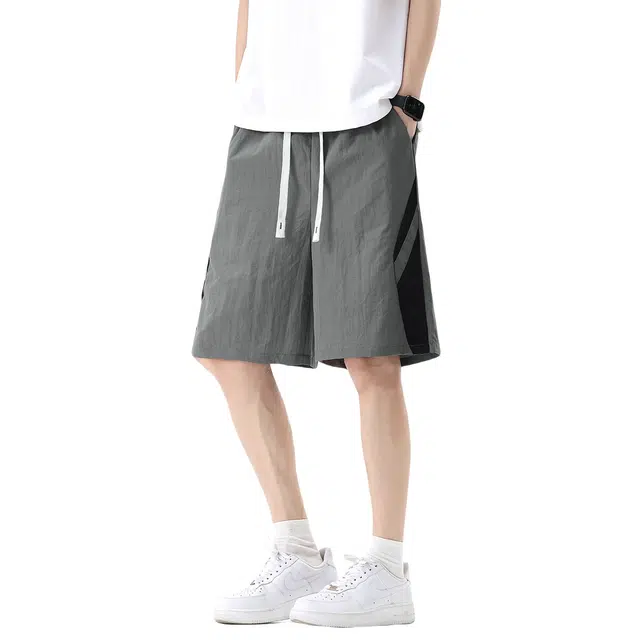 加荣 美式高街拼色冰丝速干休闲男夏季轻薄透气潮青少年户外出行通勤百搭宽松小众设计感抽绳松紧腰情侣五分中裤外穿短裤 男女同款