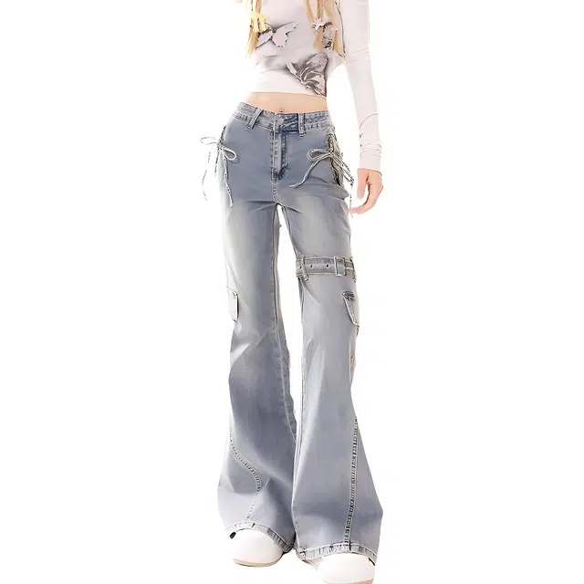 么宁 美式复古蝴蝶结喇叭通勤舒适时尚牛仔裤 女款