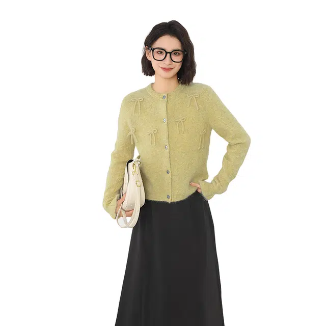 柏黛妃 小香风蝴蝶结开衫慵懒风加厚短款长袖针织衫 女款 杏黄色