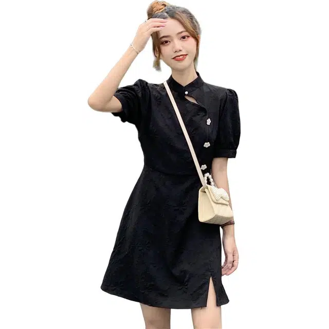 黛尔佳人 法式设计感小众旗袍泡泡袖短袖连衣裙 女款