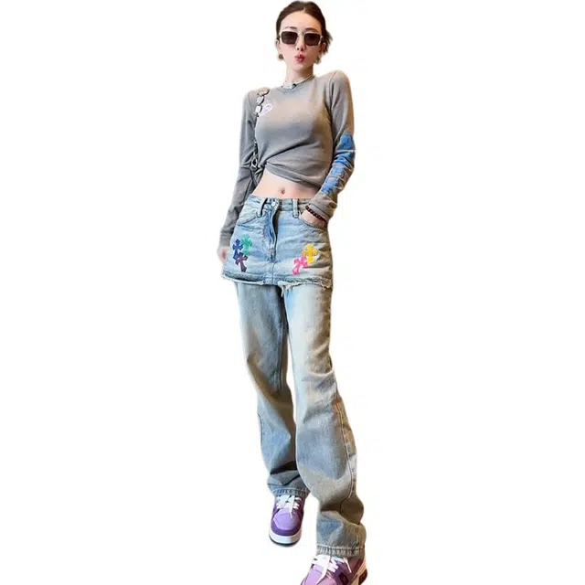 水中花 复古刺绣直筒洋气假两件潮流牛仔裤 女款