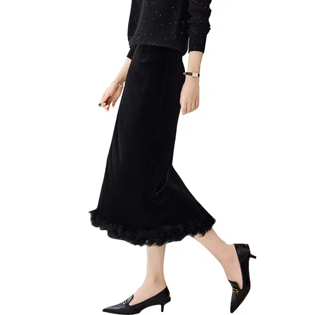 她池 纯色修身简约中长款休闲长裙 女款 黑色