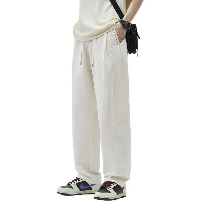 协协乐 美式高街潮流薄款冰丝凉感透气高弹百搭宽松高级感直筒显高垂感阔腿运动长裤休闲裤 男款