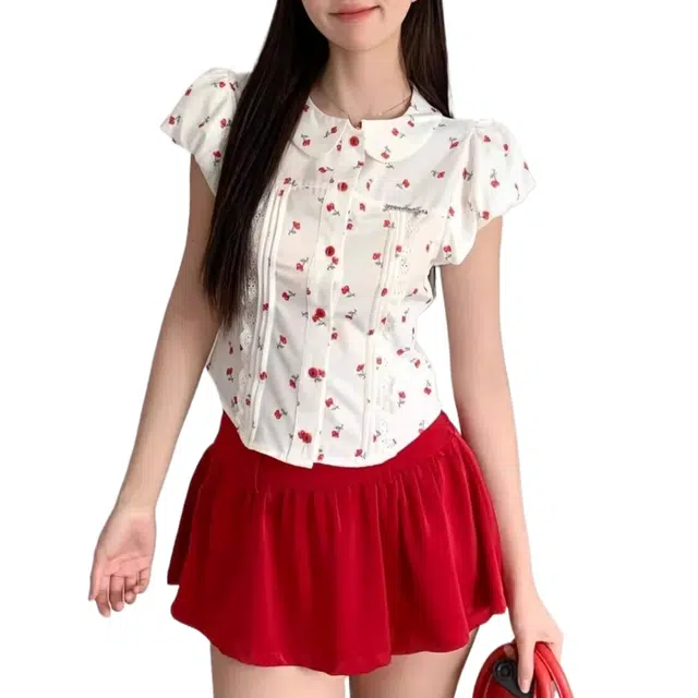 怪力萝莉 甜美印花衬衫泡泡袖上衣高腰显瘦半身裙两件套裙装套装 女款