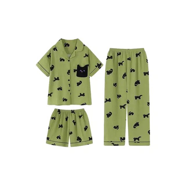 顶瓜瓜 夏季女透气舒适简约休闲轻盈设计三件套家居服睡衣套装 女款