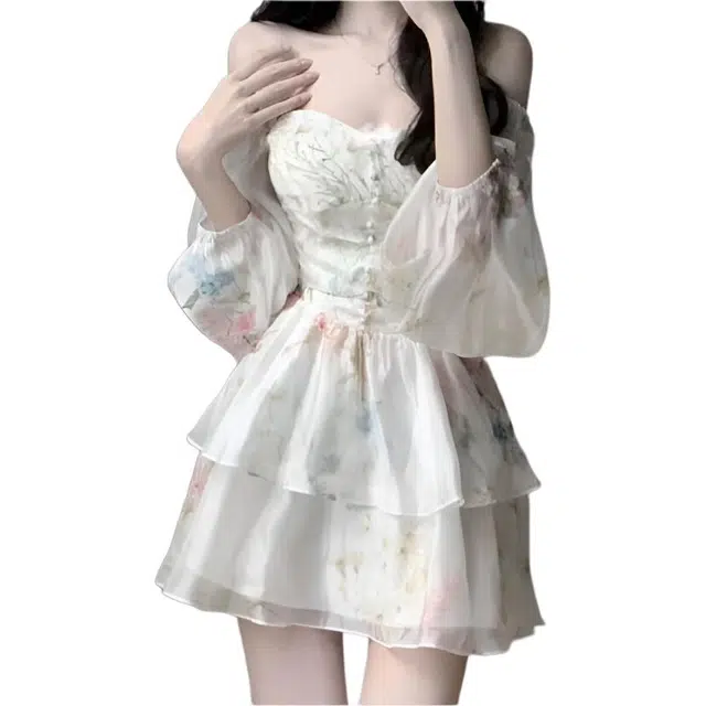 黛尔佳人 法式长袖碎花女春秋季高级感气质仙女蓬蓬裙收腰小个子短裙连衣裙 女款