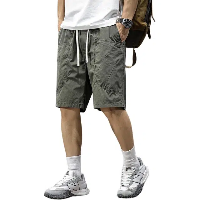 前进牛 纯色美式潮牌宽松工装薄款舒适运动百搭系带五分休闲短裤 男女同款