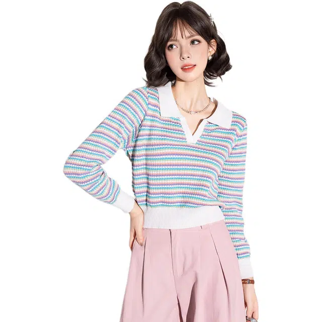 法文箱子 拼色条纹翻领长袖针织衫 女款