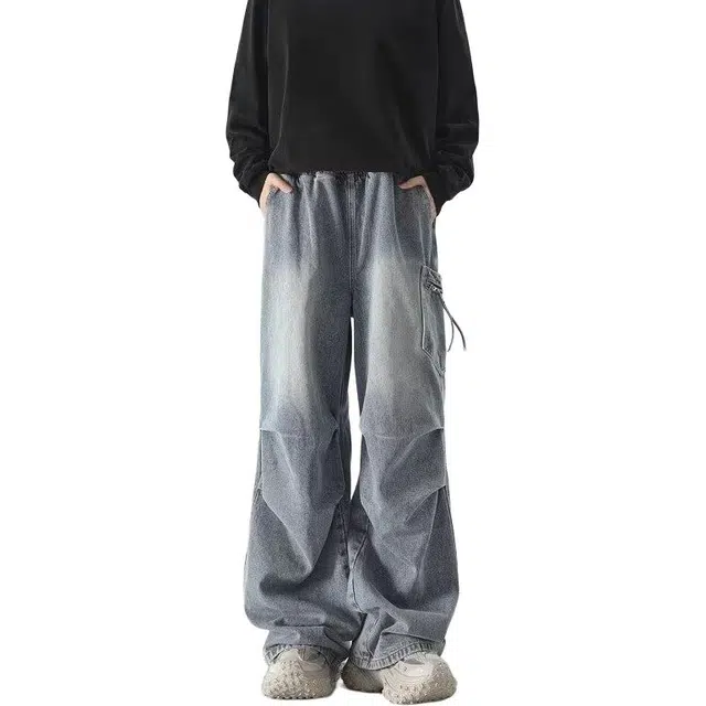 极限涡轮 美式复古直筒做旧高街潮流宽松休闲长裤牛仔裤 男女同款