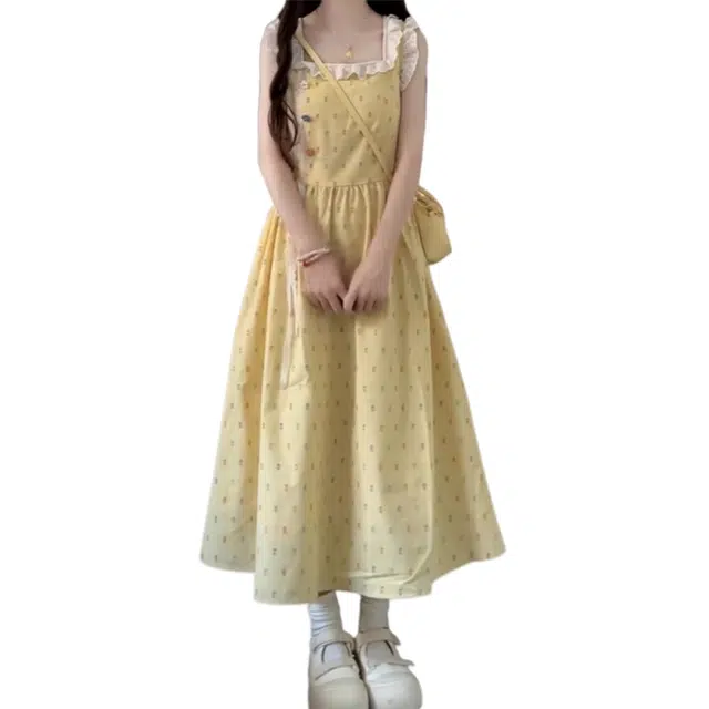 柏黛妃 飞飞袖方领时尚简约碎花长裙无袖连衣裙 女款