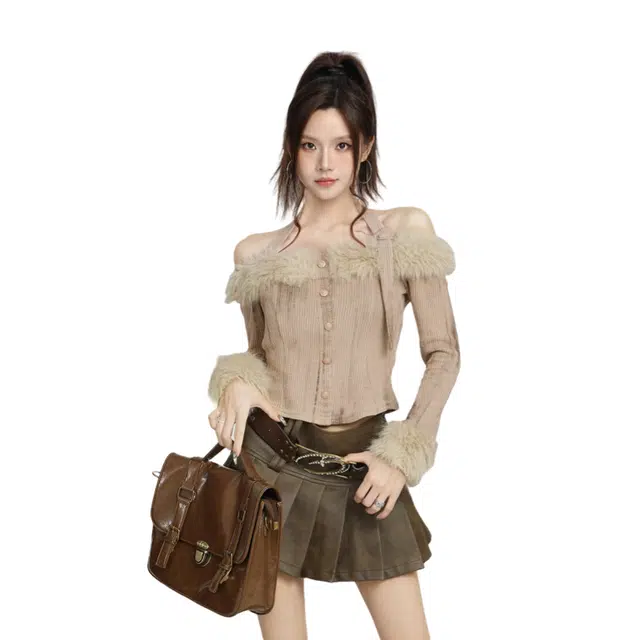 柏黛妃 美拉德一字肩露肩挂脖内搭打底针织衫 女 卡其色