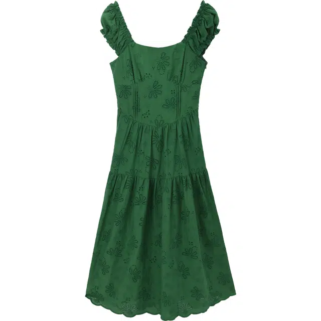 谜秀 绿色小众方领刺绣韩版法式收腰短袖连衣裙 女款