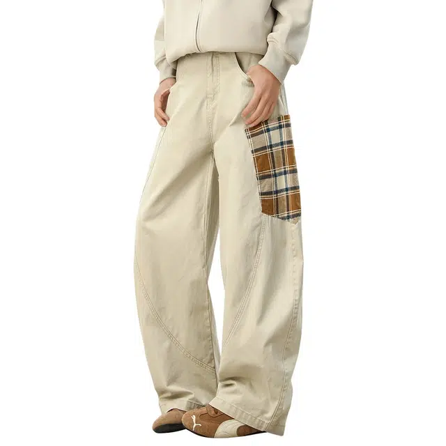 顶峰保罗 格纹口袋拼接弯刀无性别主义工装裤潮牌痞帅宽松直筒时尚百搭阔腿小众设计感休闲裤 男女同款