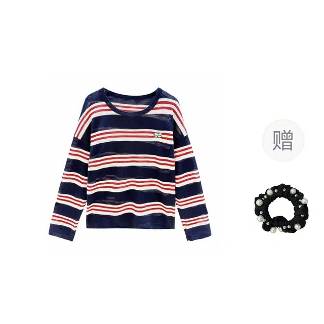 雾闪闪 撞色条纹冰丝韩系显瘦薄款罩衫上衣针织衫 女款