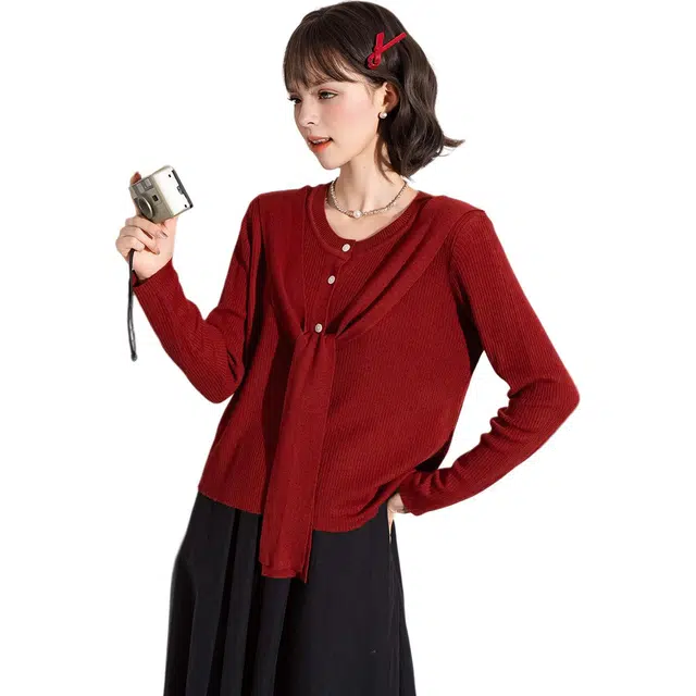 法文箱子 复古圆领毛织披肩开衫长袖毛衣 女款