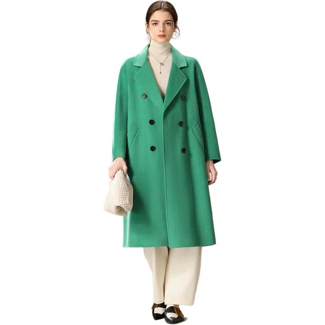 粉红玛琍 纯色西装领双排扣大衣 女款 绿色