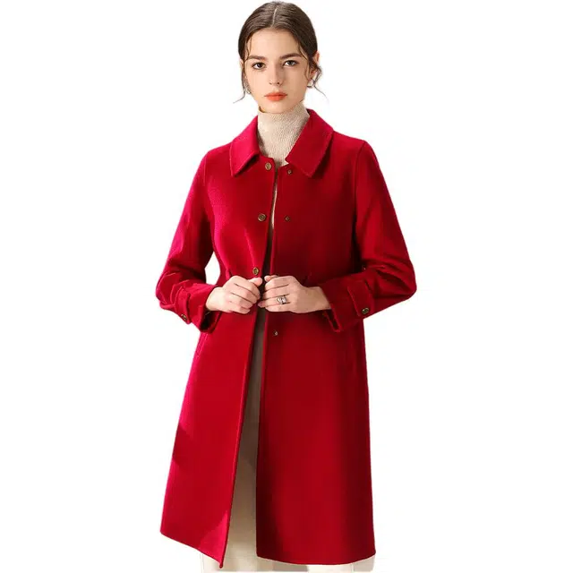 粉红玛琍 翻领单排扣长袖大衣 女款 火龙果色