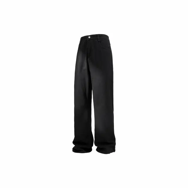 华夏儿女 美式复古高街水洗做旧纯色显高直筒微喇休闲长裤牛仔裤 男女同款