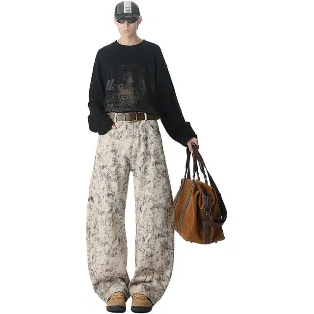 宝米卡 美式复古扎染印花休闲阔腿裤宽松高腰垂感拖地长裤牛仔裤 男女同款