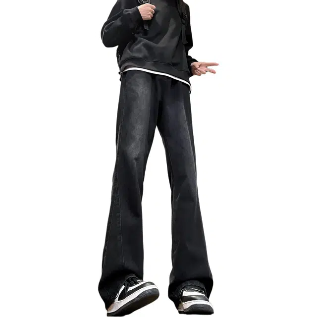 八哥 美式高街重工水洗做旧高腰宽松直筒显高百搭休闲亲肤舒适柔面料加绒微喇牛仔裤 男女同款 磨白渐变黑