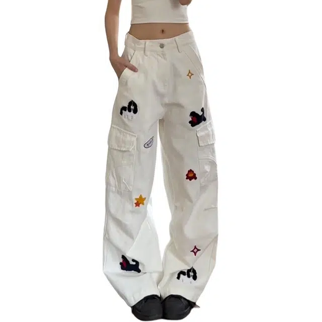 如续 设计感刺绣小狗阔腿女夏季美式宽松直筒休闲工装长裤牛仔裤 女款