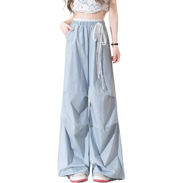 怪力萝莉 复古高腰配丝带宽松美式慵懒风阔腿裤休闲裤 女款