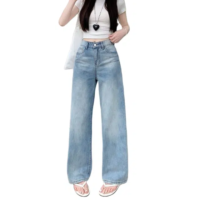 柏黛妃 美式复古水洗直筒高腰宽松显瘦垂感阔腿裤牛仔裤 女款