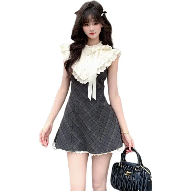 黛尔佳人 法式复古格纹拼接千金感短裙无袖连衣裙 女款